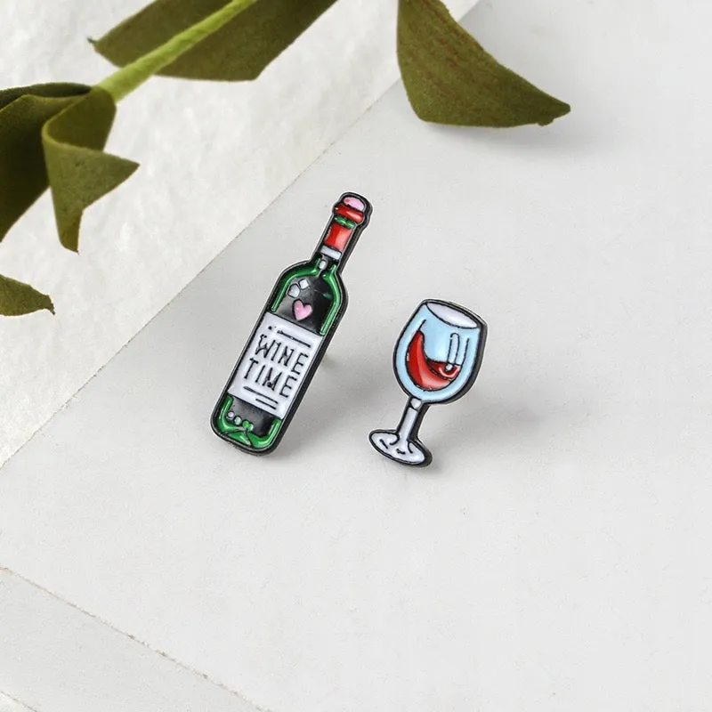 WINE TIME Glass and a Bottle of Wine Set of 2 Enamel Pins