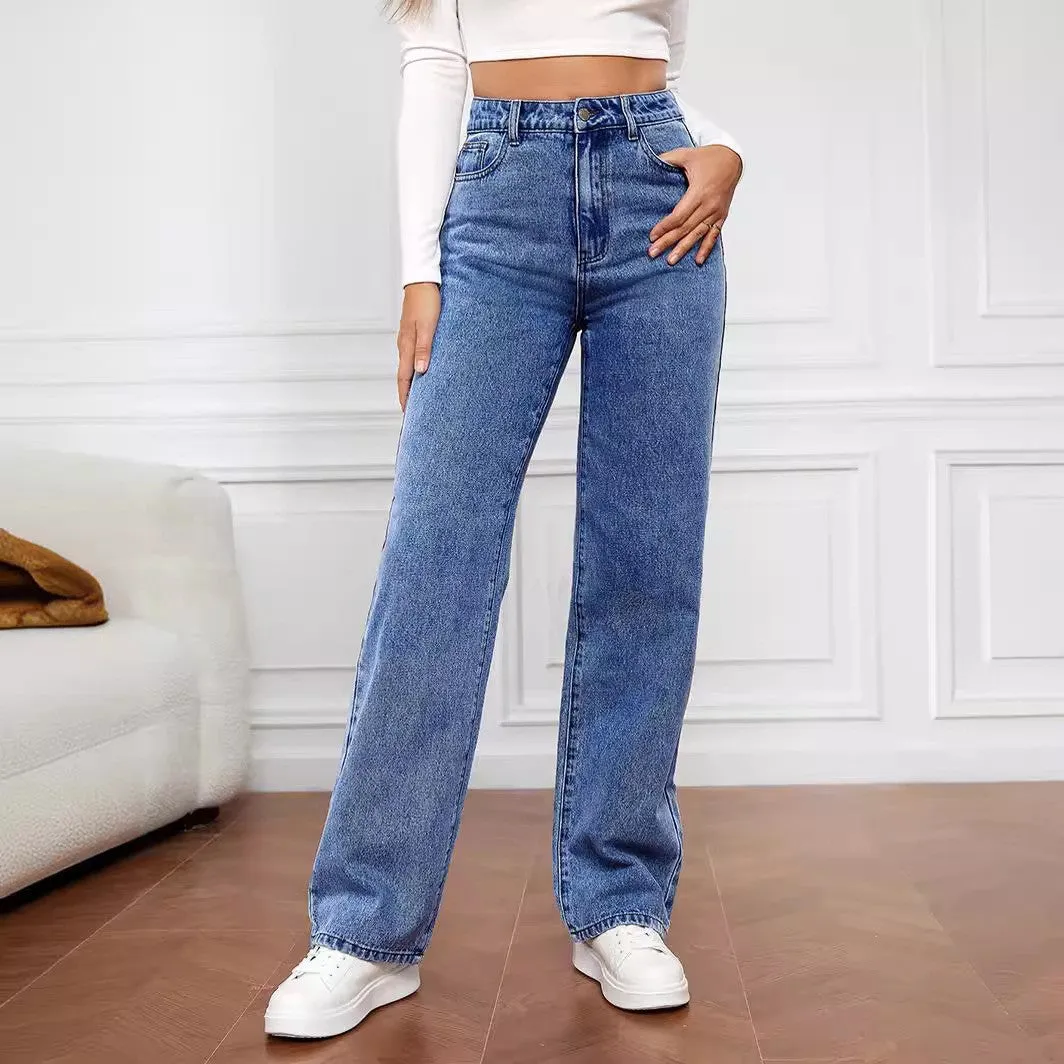 xiangtuibao New HOTan and NEWn Cross-Border  Hot Washed Denim Fashion Straight Trousers Jeans Women's Pants Wholesale