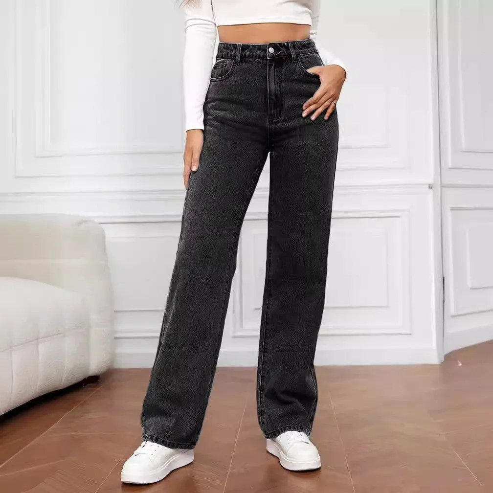 xiangtuibao New HOTan and NEWn Cross-Border  Hot Washed Denim Fashion Straight Trousers Jeans Women's Pants Wholesale